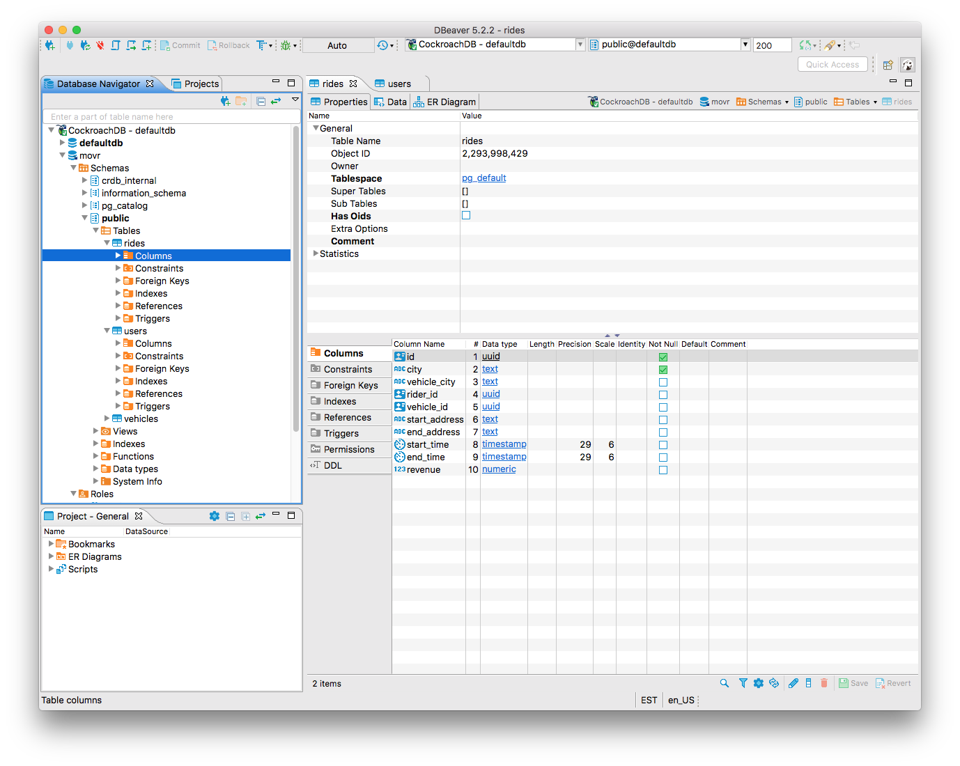 DBeaver - CockroachDB with the movr database